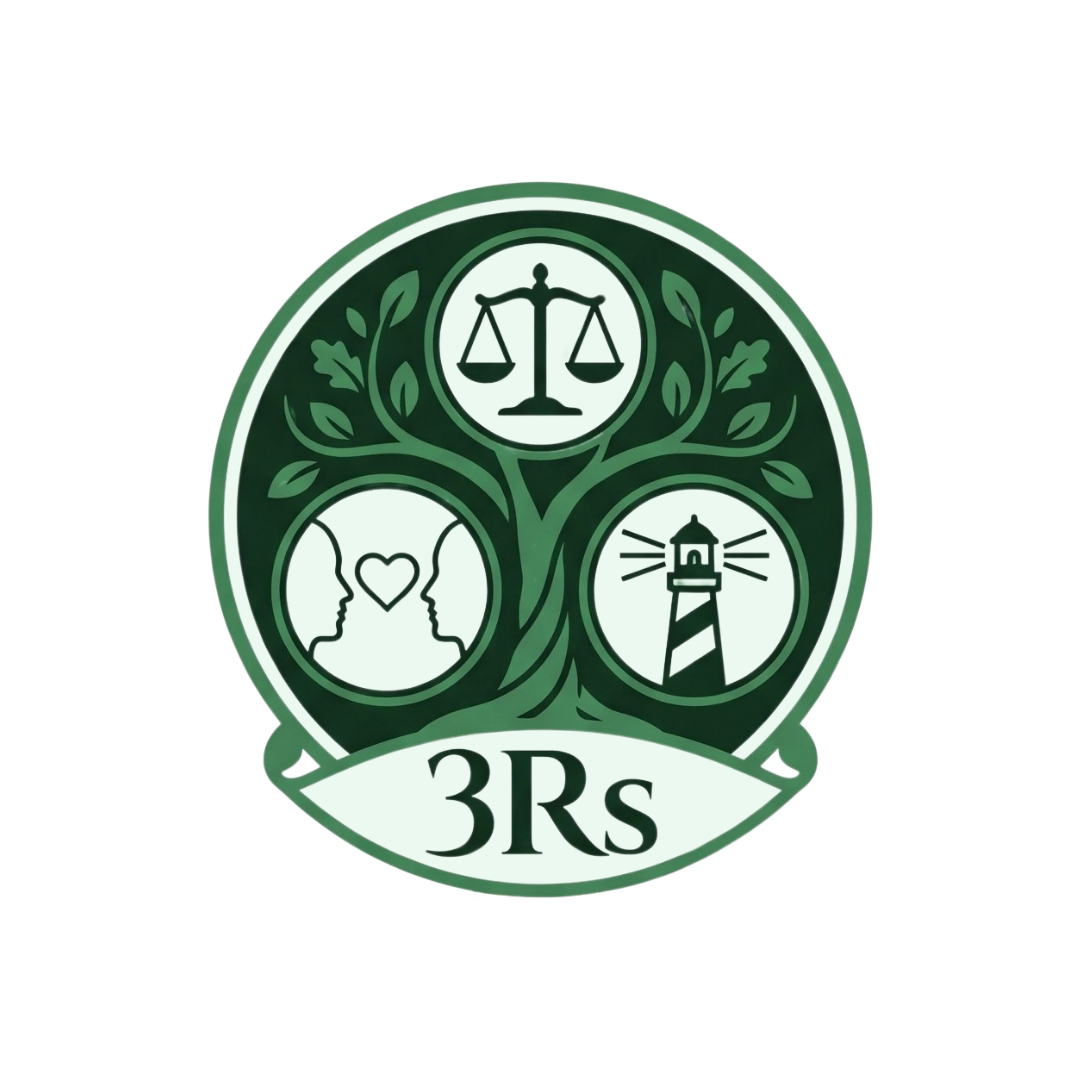 A circular dark green badge framed by stylized tree branches and leaves. Inside the badge are three white circular icons arranged in a triangular layout: the top circle displays a scale of justice; the bottom-left circle shows two face profiles looking at each other with a heart between them; and the bottom-right circle features a lighthouse emitting light rays. A curved white banner along the bottom reads "3Rs" in bold green text.
